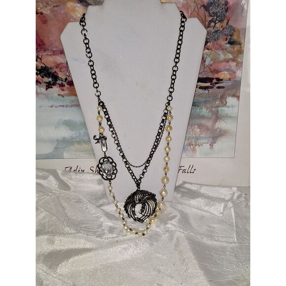 An Express Necklace Boho Hippie Faux Pearl Steampunk Gunmetal Fairycore Layered - Picture 1 of 11